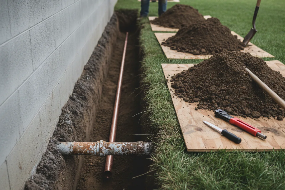 Excavated water line trench during Water Softener Installation in Yermo
